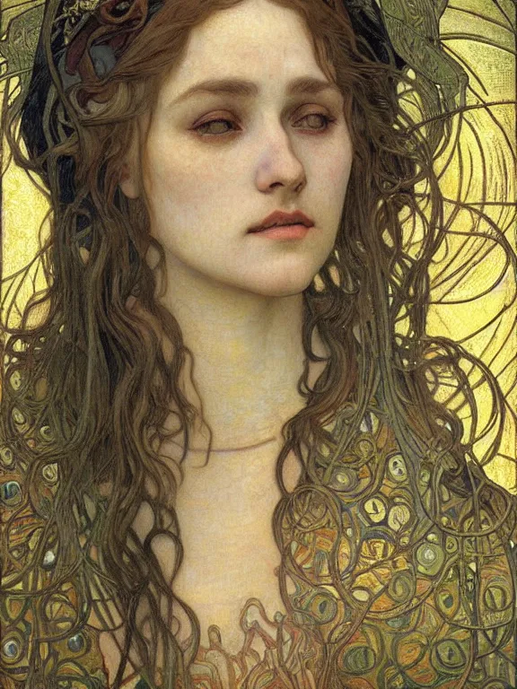 Image similar to detailed realistic beautiful young medieval queen face portrait by jean delville, alphonse mucha, vincent van gogh, and marco mazzoni, art nouveau, symbolist, visionary, gothic, pre - raphaelite