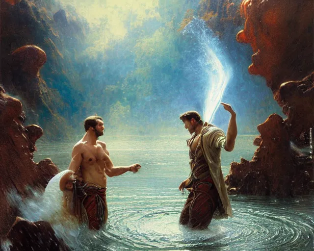 Image similar to attractive male wizard casting powerful tsunami wave water spell in a beautiful lake. highly detailed painting by gaston bussiere, craig mullins, j. c. leyendecker 8 k