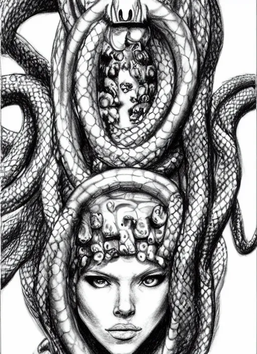 Image similar to pencil drawing of scarlett johansson as medusa wearing snakes in her head in the berserk manga, smiling expression showing fangs, big snakes heads, by kentaro miura