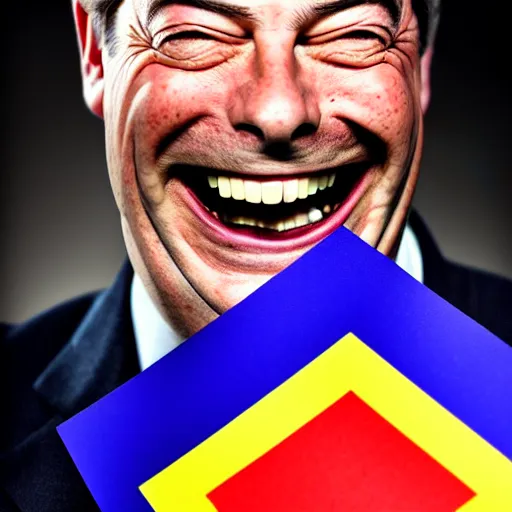 Prompt: nigel farage laughing holding burning euflag, studio photograph, hd, studio