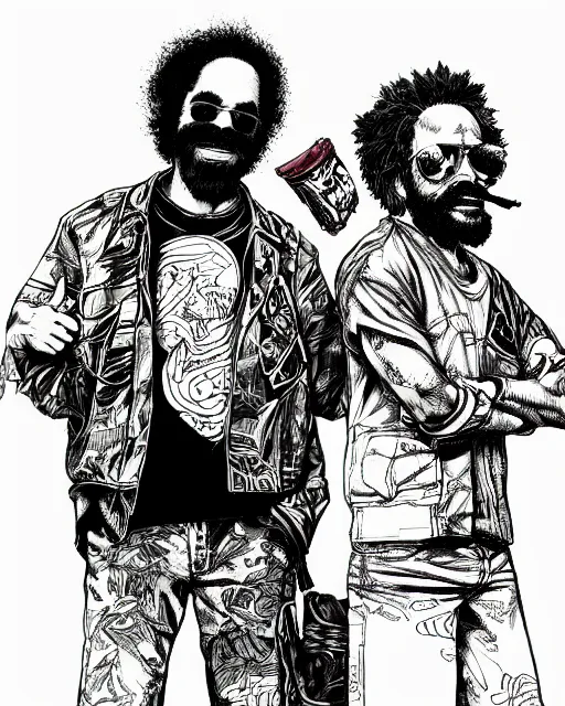 Image similar to portrait of cheech and chong smoking weed, concept art, sumi - e style, intricate linework, artstation, trending, highly detailed, smooth, focus, art by yoji shinkawa,