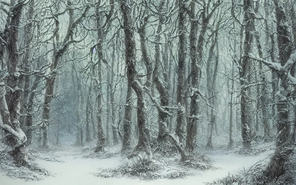 Prompt: a watercolour painting of a snowy forest by john blanche, alan lee, gustave dore, fog, highly detailed, storybook illustration, coloured lithograph engraving