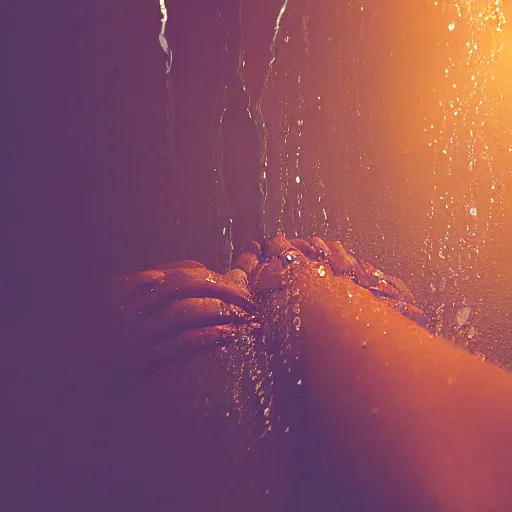 Prompt: sensual bodies intertwined in orange light, wet skin, close together, holding each other tight, drops of water, beautiful hands, no head, no face, torso, backlit, 8 k, realistic