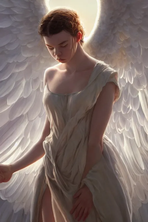 Prompt: anya taylor - joy as a heavenly angel, anatomy, bathing in light, highly detailed, photorealistic, artstation, smooth, sharp focus, illustration, unreal engine 5, 8 k, art by art by artgerm and greg rutkowski and edgar maxence