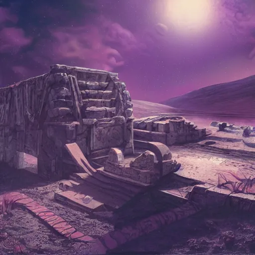 Image similar to ancient ruins on the moon, retrowave epic art, trending on art station