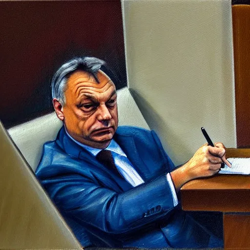 Image similar to viktor orban doodling in a cubicle, oil painting