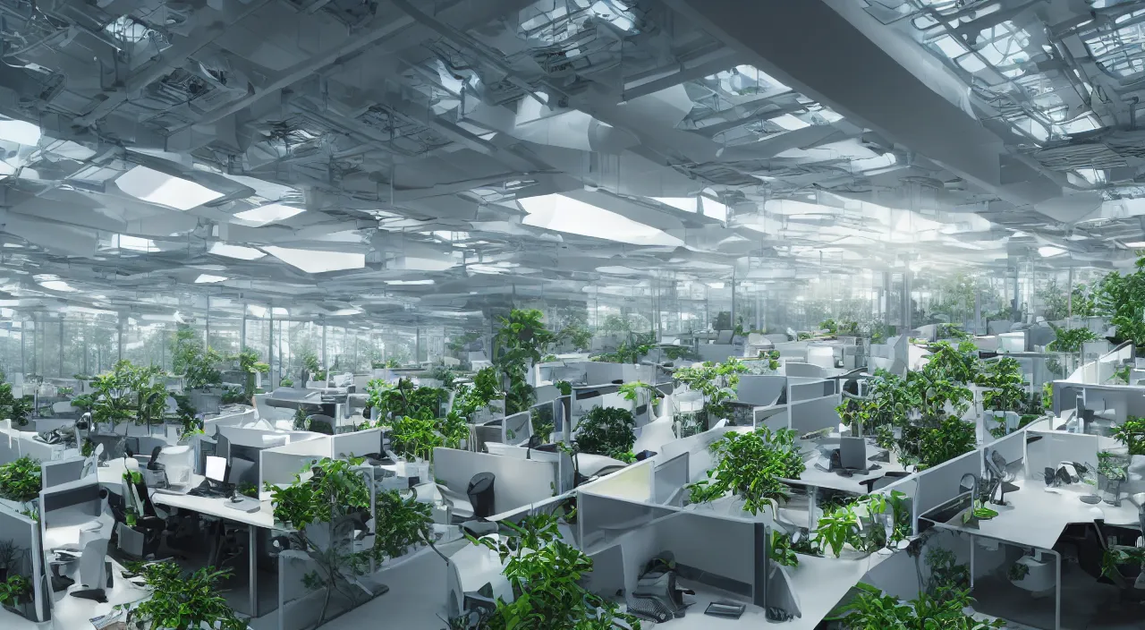 Prompt: futuristic open office with parks and plants, glowing computer screens, made with glossy white plastic and large windows and voluminous light and light rays, extremely intricate, very detailed, artstation, octane render, warm color highlights, cinematic lighting