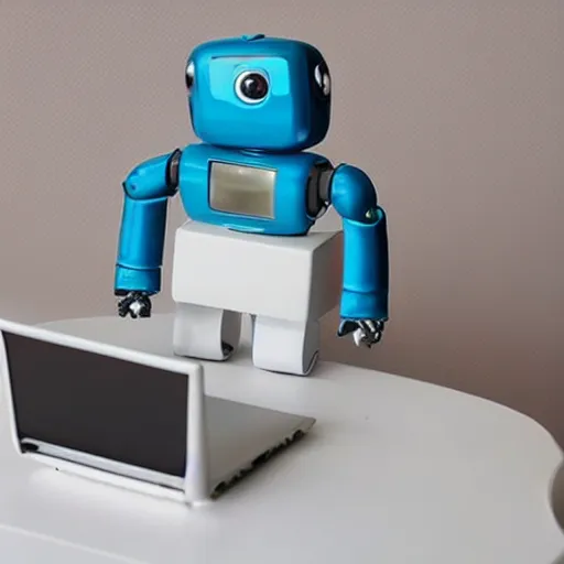 Image similar to “a cute mini robot using a laptop”