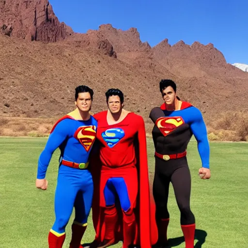 Image similar to supermen and hulk playing soccer together at desert