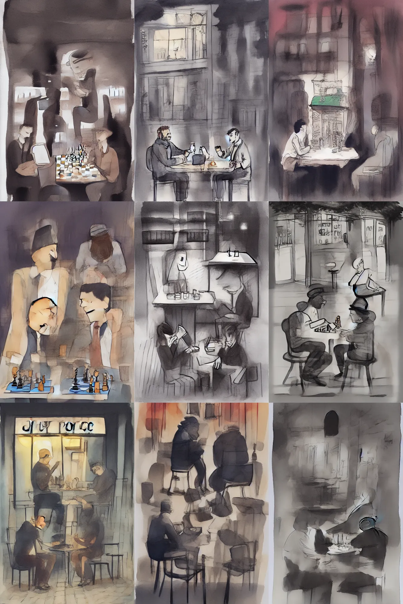 Image similar to Ink and watercolor illustration of !!!two men!!! sitting outside a café at night, !!playing chess!!, illustration by Luci Power