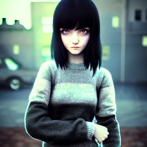 Prompt: beautifully pretty stoner girl, 2 2 years old, black sweater, grey checkered skirt, very cute features, glittery short black hair, blue eyes, universal volumetric lighting, soft glow, by range murata, highly detailed intricately sharp focus, trending on pinterest, unreal engine 5 4 k uhd image