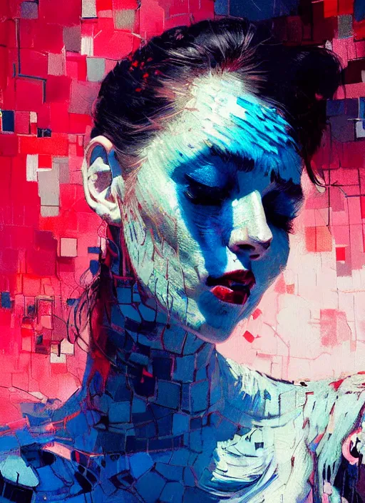 Image similar to portrait of beautiful girl, ecstatic, wonderful techno party, eyes closed, shades of red and blue, beautiful face, rule of thirds, intricate outfit, spotlight, by greg rutkowski, by jeremy mann, by francoise nielly, by van gogh, digital painting