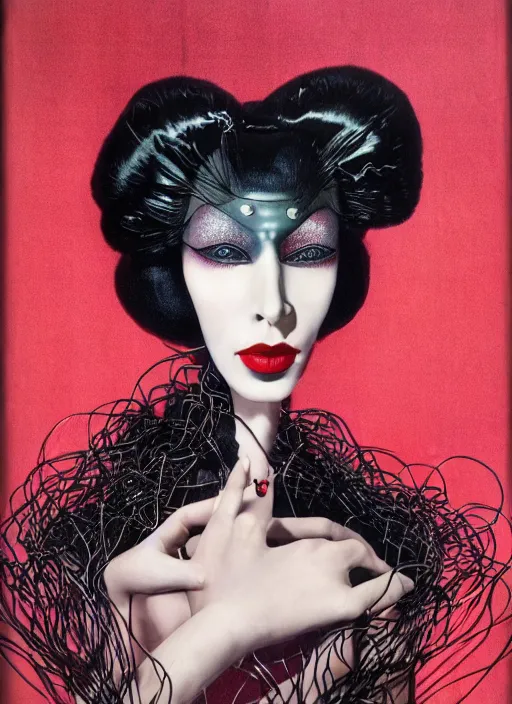 Image similar to an 8 0 s portrait of a woman with dark eye - shadow and red lips with dark slicked back hair, a mask made of wire and beads, dreaming acid - fueled hallucinations by serge lutens, rolf armstrong, delphin enjolras, peter elson, red cloth background