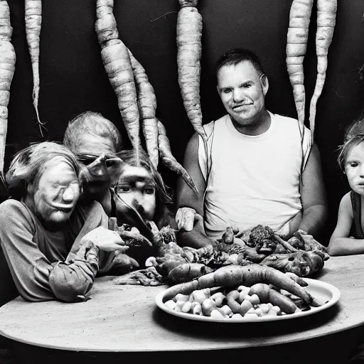 Prompt: family of humanoid carrot cannibals sit at a table with a single carrot at the center, photograph