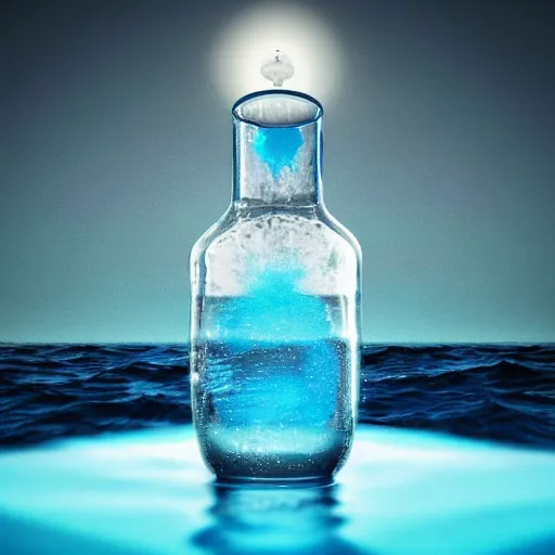 Prompt: surreal 3 d art of a human head in a bottle, on the ocean water, futuristic, glowing, hyper realistic, ray tracing, realistic water splashes, sharp focus, long shot, 8 k resolution, cinematic, photoshop art