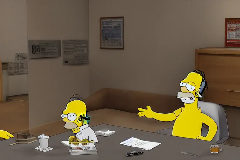 Image similar to Homer Simpson sits at the office table and monitors the fall of Bitcoin and is angry, 3d, CryEngine, 8k, hyperrealism