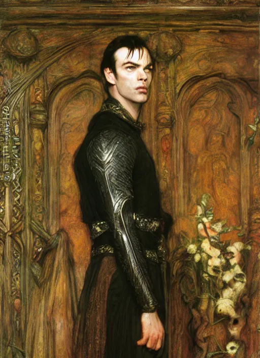 Image similar to a beautiful painting of elrond by John Everett Millais and Dante Gabriel Rossetti and John Collier and john william waterhouse, pre-raphaelite, detailed, trending on artstation, hd, masterpiece