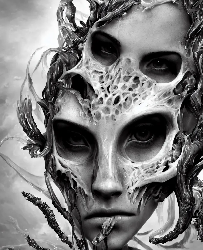 Prompt: EMMA WATSON close-up macro portrait of the face of a beautiful princess with animal skull mask and ribcage, epic angle and pose, symmetrical artwork, 3d with depth of field, blurred background, cybernetic jellyfish female face skull phoenix bird, translucent, nautilus, energy flows of water and fire. a highly detailed epic cinematic concept art CG render. made in Maya, Blender and Photoshop, octane render, excellent composition, cinematic dystopian brutalist atmosphere, dynamic dramatic cinematic lighting, aesthetic, very inspirational, arthouse. y Greg Rutkowski, Ilya Kuvshinov, WLOP, Stanley Artgerm Lau, Ruan Jia and Fenghua Zhong