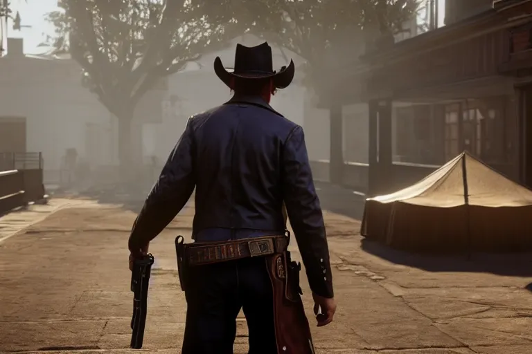 Prompt: photo from behind of a cowboy, carrying a gun, on a victorian shopping mall, cinematic lightning, ray tracing, unreal engine 5, photorealistic, 8 k, uhd, 4 k, red dead redemption 2 game concept, extremely detailed, beautiful, elegant, intricate, foggy, in - game footage