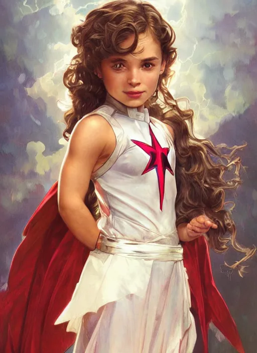 Image similar to a little girl with a mischievous face and light brown curly wavy hair. she is dressed as captain america, batman, the flash, captain marvel, wonder woman, a superhero. clean elegant painting, beautiful detailed face. by artgerm and greg rutkowski and alphonse mucha