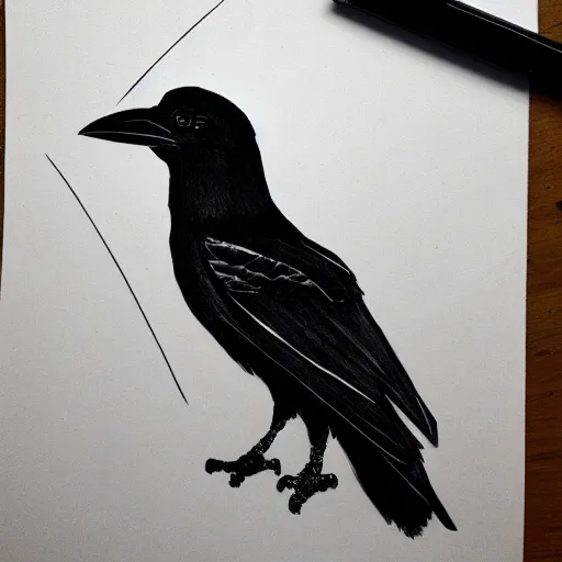Prompt: crow sketch, cross hatched, detailed, black on white paper