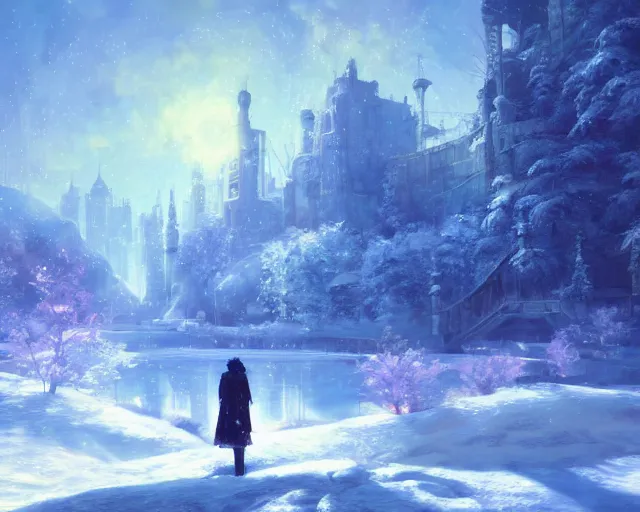 Prompt: scenery artwork, scene beautiful, light!! light essential cozy winter snow world snowy, surrealism oil on canvas, artstation!! pixiv!! dream scenery, quality astral projection render, nier automata concept art, vaporwave textures