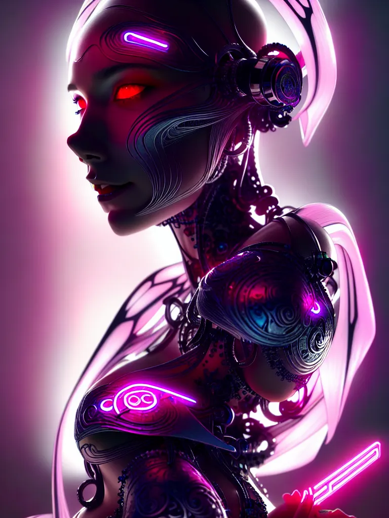 Prompt: ultra realistic, beautiful female cyborg, dark divinity, sci-fi, neon lights, transparent fluid glass, intricate details, eerie, ominous, haunting, highly detailed, octane render, 4k, 8k, art by artgerm and alphonse mucha and moebius