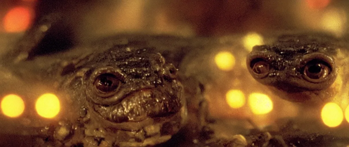 Image similar to Close up of a happy Lepidobatrachus laevis facing the camera in a still from the movie Blade Runner (1982), high quality, rain, rain drops, cold neon lighting, 4k, night, award winning photo, beautiful