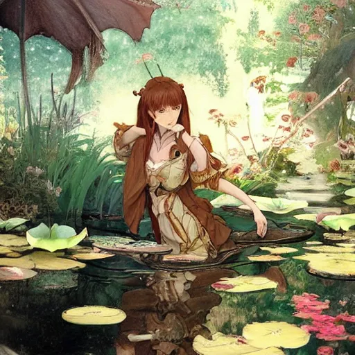 Image similar to isekai masterpiece drawn by bowater charlie, cabanel alexandre, james c. christensen, cornwell dean, of a beautiful anime girl sitting in a pond filled with lily pads and koi fish