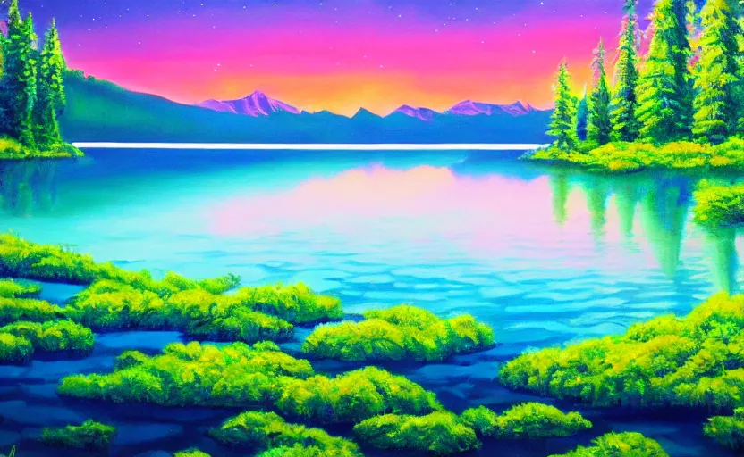 Prompt: beauti ful award winning synthwave painting of a canadian lake, extreme detail, 4 k, ultra hd