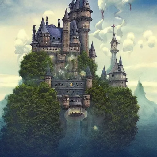 Image similar to a castle floating in a cloud with mythical creatures flying around it, exquisitely detailed, Miyazaki film, retro aesthetic, fantasy,