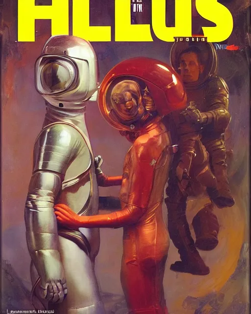 Prompt: pulp 5 0 s scifi cover, spaceman meets man from venus, painted by ruan jia, raymond swanland, lawrence alma tadema, zdzislaw beksinski, norman rockwell, jack kirby, tom lovell, alex malveda, greg staples