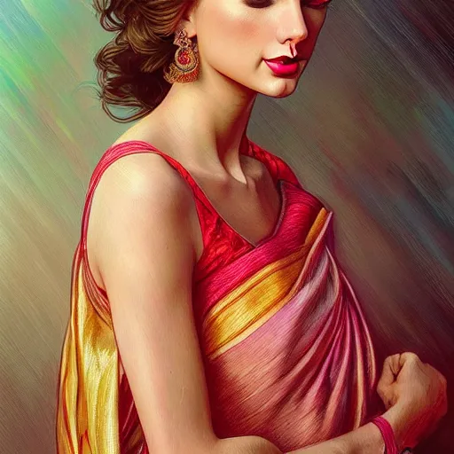 Prompt: beautiful portrait of taylor swift wearing assamese mekhela sleeveless silk saree, fantasy, intricate, elegant, highly detailed, digital painting, artstation, concept art, smooth, sharp focus, luxury fashion illustration, art by artgerm and greg rutkowski and alphonse mucha, brightly lit cinematic soft lighting, photorealistic, assam tea village background