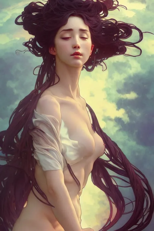 Image similar to full body melting into the wind floating seductive meditating goddess in the style of artgerm, wlop, greg rutkowski, alphonse mucha and ayami kojima, realistic details, volumetric lighting, very very very very beautiful symmetrical face, trending on artstation, artstationhd, artstationhq, unreal engine, 4 k, 8 k