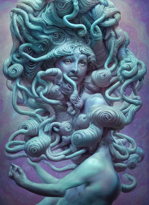 Image similar to medusa wax sculpture, art nouveau swirls, strong subsurface scattering, in the style of james jean and tomasz alen kopera, mystical colors, rim light, soft lighting, 8 k, stunning scene, raytracing, octane render, trending on artstation