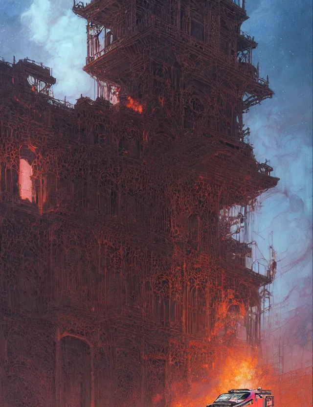 Image similar to detailed portrait, intricate complexity, by greg rutkowski, ross tran, conrad roset, takato yomamoto, ilya kuvshinov huge gothic crematorium on desert planet, elevator, side ramp entrance ambulance smoke dead bodies, guards intricate, painting by lucian freud and mark brooks, bruce pennington, dark colors, neon, death, guards, nice style culture