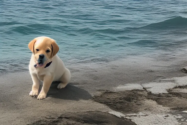 Image similar to a puppy is looking directly at the wavy water current below it while it stands at an edge of a cliff