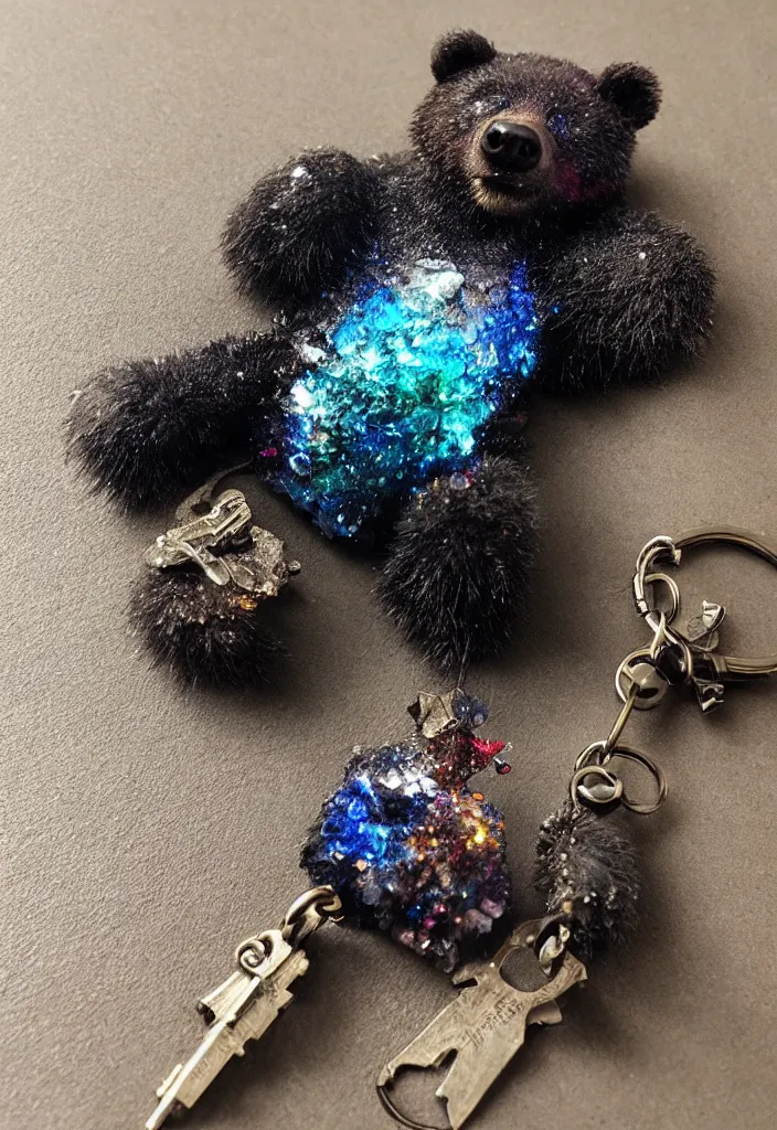 Image similar to a deep coloured crystalized bear keychain by greg rutkowski, sung choi, mitchell mohrhauser, maciej kuciara, johnson ting, maxim verehin, peter konig, 8 k photorealistic, cinematic lighting, hd, high details, dramatic, atmosphereric