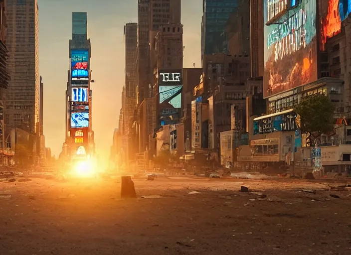 Prompt: film still of post apocalyptic empty time square at sunset, overgrown with wildlife walking through in the new sci - fi movie, 8 k