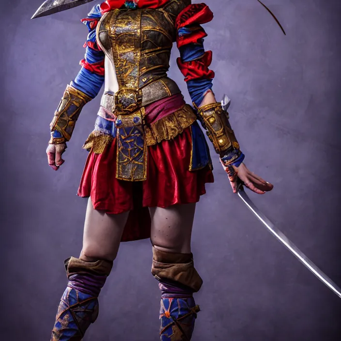 Image similar to full body photo of a real - life beautiful female jester warrior, 8 k, hdr, smooth, sharp focus, high resolution, award - winning photo