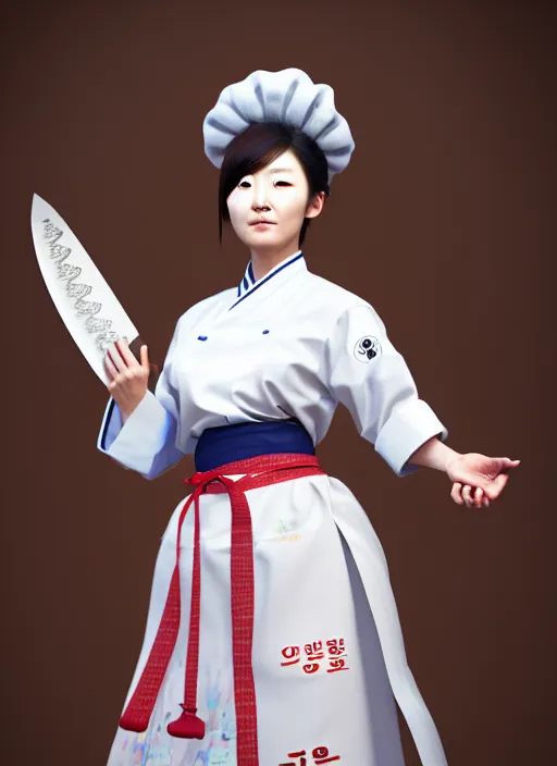 Image similar to character concept of a south korean female chef, wearing a beautiful hanbok inspired apron, holding magical kitchen knives, by kan liu and loish, 4 k render, unreal engine, high resolution, intricate detailed, hyperdetailed, photorealistic, artstation, smooth, sharp focus