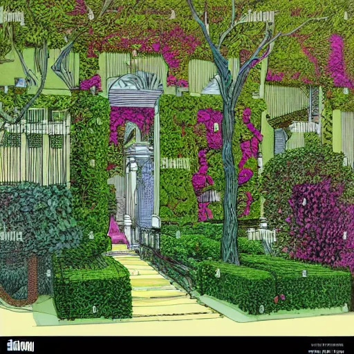 Image similar to old white house stairs into colorful lush garden, drawing moebius