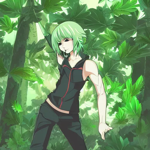 Image similar to A anime character with green clothes with leaves and plant exploring the world , Digital art, anime style, cinematic, Amazing pose,