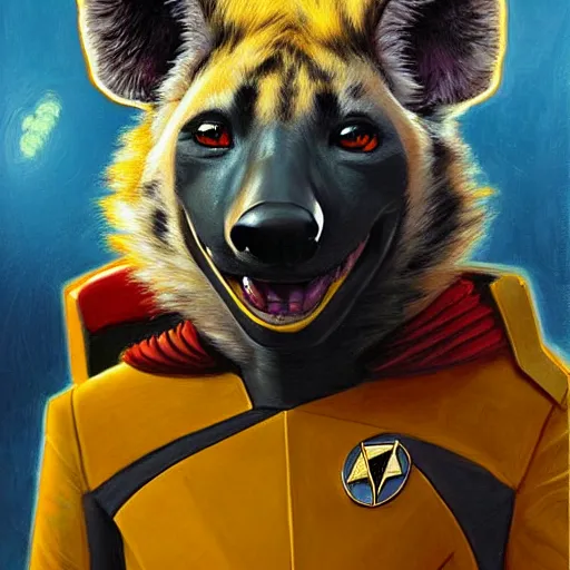 Prompt: a portrait of a hyena hyenaman canine star trek in a starfleet uniform chief engineer. zootopia fursona furaffinity furry art detailed face highly detailed painting by gaston bussiere craig mullins jc leyendecker gustav klimt artgerm greg rutkowski furry