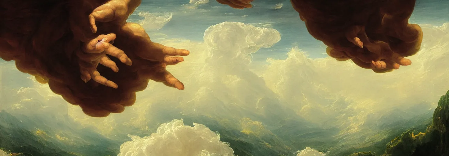 Image similar to a painting of a hand descending from the clouds demanding payment, in the style of an epic Thomas Cole painting