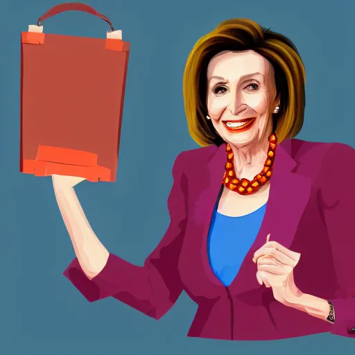 Image similar to nancy pelosi laughing while holding a giant bag filled with money, trending on artstation, detailed illustration