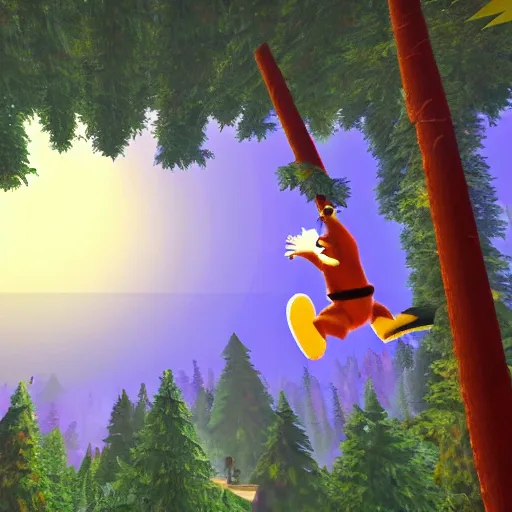 Image similar to banjo - kazooie running on a dreamy landscape resembling a forest of treetops, a jiggy at the end of the map