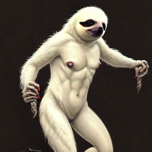 Image similar to an albino sloth as the as the deadly sin sloth!! intricate elegant, highly detailed, digital painting, artstation, concept art, smooth, sharp focus, illustration, art by ( ( ( artgerm ) ) ) and greg rutkowski! and ( ( alphonse mucha ) ), heavily influenced by frank frazetta and boris vallejo, sword and sorcery