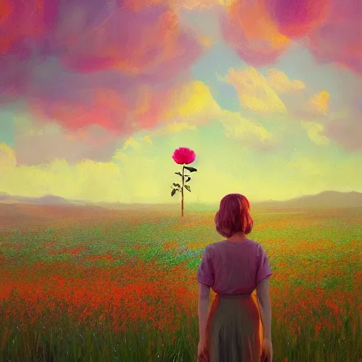 Image similar to girl with a flower face, surreal portrait, dreamlike, standing in flower field, in a valley, sunrise dramatic light, impressionist painting, colorful clouds, artstation, simon stalenhag
