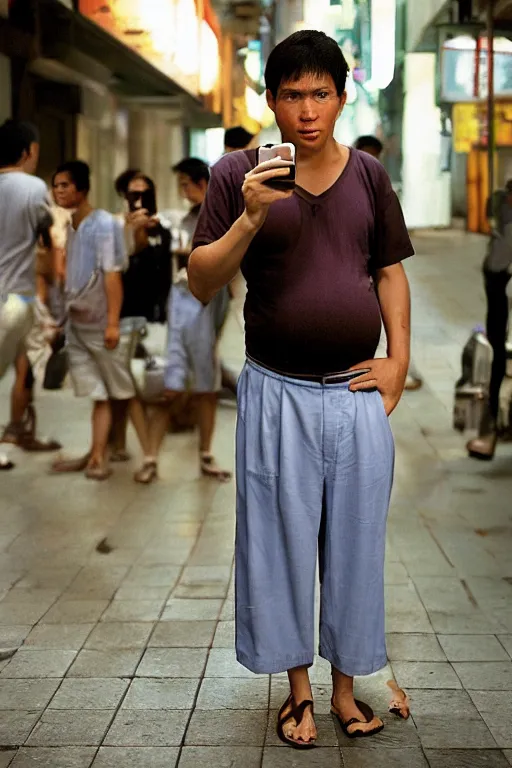 Image similar to Full-length portrait of a handsome!! young pregnant!! male on the streets of Hong Kong, with a big round belly, talking on his phone, wearing shorts, 2008, ultra detailed photograph, photographed by Annie Leibovitz and Steve McCurry